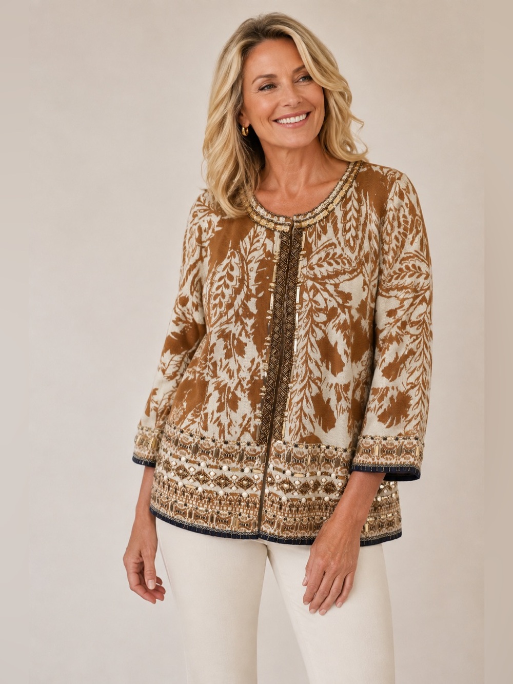 Chico’s NWT Embellished Pattern Cardigan Golden Ochre Beaded Knit Size 2 - Picture 1 of 11